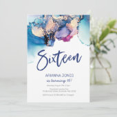 16誕生日招待状青抽象芸術水彩 招待状 (スタンド正面)