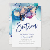 16誕生日招待状青抽象芸術水彩 招待状 (正面/裏面)