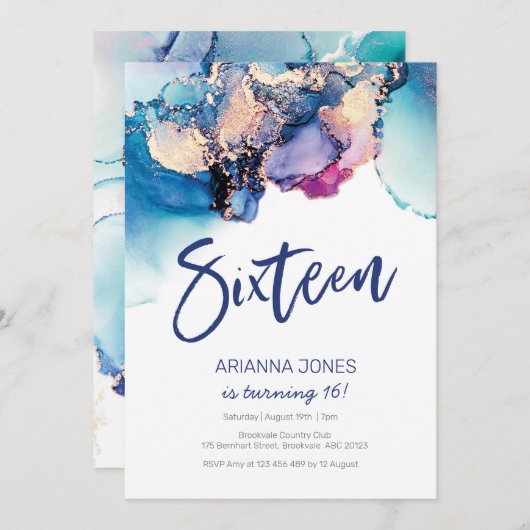 16誕生日招待状青抽象芸術水彩 招待状 (正面/裏面)