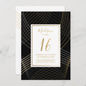 16誕生日招待状 – ブラック、金ゴールドエレガント、 招待状 (正面/裏面)