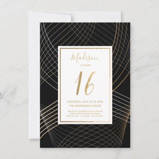 16誕生日招待状 – ブラック、金ゴールドエレガント、 招待状 (正面)