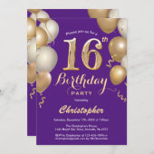 16誕生日紫と金ゴールドバルーン紙吹雪 招待状 (正面/裏面)