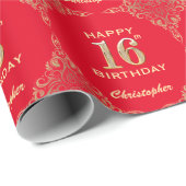 16誕生日赤と金ゴールドグリッター枠 ラッピングペーパー (ロールコーナー)
