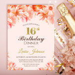 16誕生日赤面ピンク金ゴールドフローラディナーパーティー 招待状<br><div class="desc">赤面ピンクと金ゴールドフローラ16th誕生日ディナーパーティの招待状。</div>