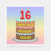 16誕生日:おもしろいケーキとキャンドル+名前をカスタムする スタンダードランチョンナプキン (正面)