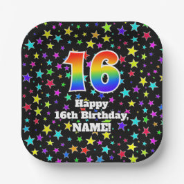 16誕生日:おもしろいスター柄と虹"16" ペーパープレート