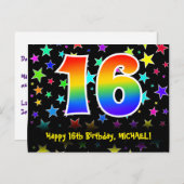 16誕生日:おもしろい星パターン，虹16，名前 ポストカード (正面/裏面)