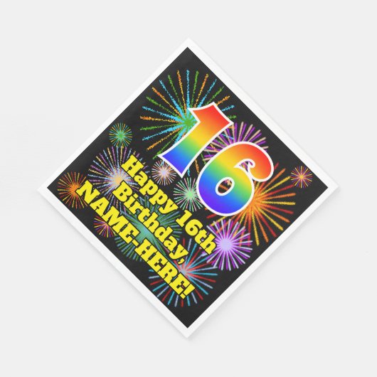 16誕生日:おもしろい花火パターン+虹16 スタンダードランチョンナプキン (角)