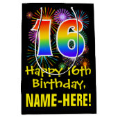 16誕生日:おもしろい花火パターン+虹16 ミディアムペーパーバッグ (正面)