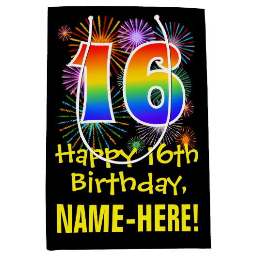 16誕生日:おもしろい花火パターン+虹16 ミディアムペーパーバッグ (正面)