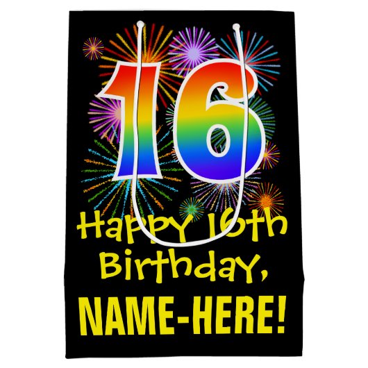 16誕生日:おもしろい花火パターン+虹16 ミディアムペーパーバッグ (裏面)