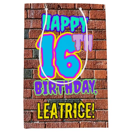 16誕生日:おもしろい、アーバングラフィティインスパイアルック ミディアムペーパーバッグ (正面)