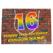 16誕生日:おもしろい、グラフィインスパイアティ・レインボー# 16 ラージペーパーバッグ (正面)