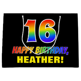 16誕生日:はっきりした,おもしろい,シンプル虹， 16 ラージペーパーバッグ