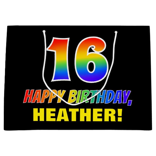 16誕生日:はっきりした,おもしろい,シンプル虹， 16 ラージペーパーバッグ (正面)