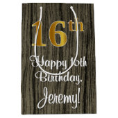 16誕生日:エレガントフェイク金ゴールドルック#,フェイク Wood ミディアムペーパーバッグ (正面)