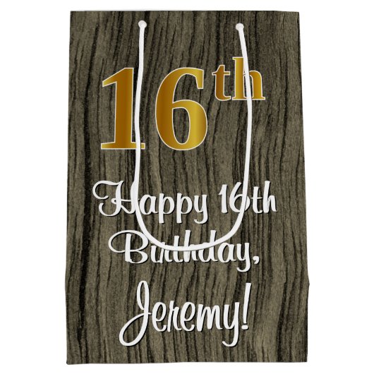 16誕生日:エレガントフェイク金ゴールドルック#,フェイク Wood ミディアムペーパーバッグ (裏面)