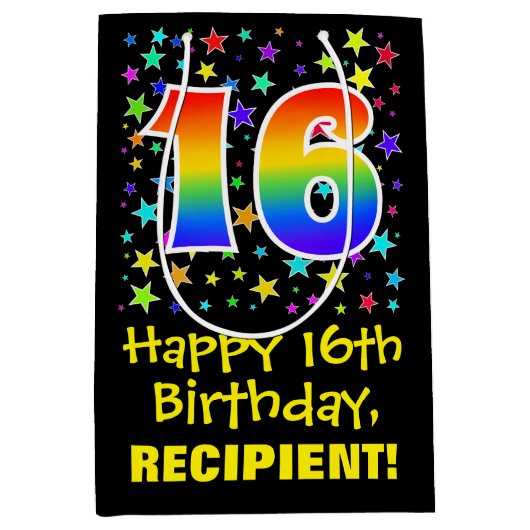 16誕生日:カラフルスターズパターン&レインボー16 ミディアムペーパーバッグ (正面)