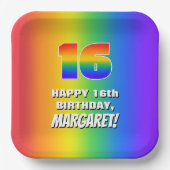 16誕生日: カラフル、おもしろいレインボーパターン# 16 ペーパープレート (正面)