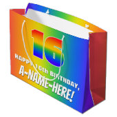 16誕生日: カラフル、おもしろいレインボーパターン# 16 ラージペーパーバッグ (裏面アングル)