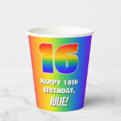 16誕生日: カラフル、おもしろいレインボーパターン# 16 紙コップ (正面)
