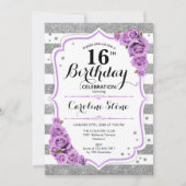 16誕生日 – シルバーホワイトストライプバラ紫 招待状 (正面)