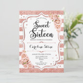 16誕生日-バラ金ゴールド白ストライプフローラ 招待状 (スタンド正面)