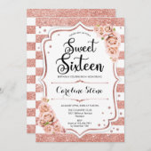 16誕生日-バラ金ゴールド白ストライプフローラ 招待状 (正面/裏面)