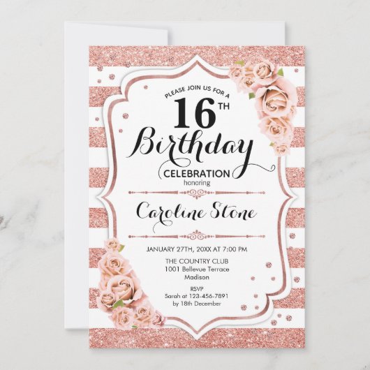 16誕生日-バラ金ゴールド白ストライプ色 招待状 (正面)