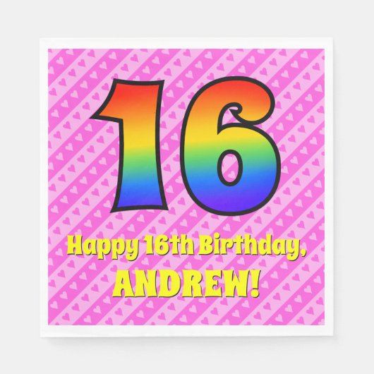 16誕生日:ピンクストライプのハート、レインボー# 16 スタンダードランチョンナプキン (正面)