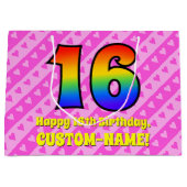 16誕生日：ピンクストライプのハート、レインボー# 16 ラージペーパーバッグ (正面)