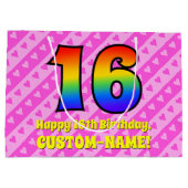 16誕生日：ピンクストライプのハート、レインボー# 16 ラージペーパーバッグ (裏面)