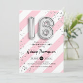 16誕生日 – ピンクストライプ色と銀の風船 招待状 (スタンド正面)