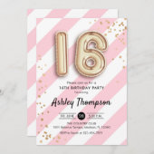 16誕生日 – ピンク色のストライプ金ゴールドバルーン 招待状 (正面/裏面)