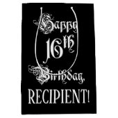 16誕生日:、ファンシースクリプエレガントト+名前をカスタムする ミディアムペーパーバッグ (正面)