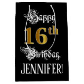 16誕生日～ファンシースクリプト；フェイク金ゴールド検索；名前 ミディアムペーパーバッグ (正面)
