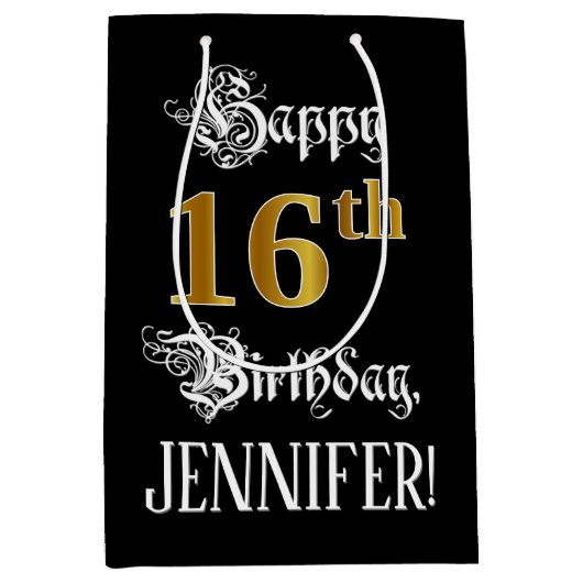 16誕生日～ファンシースクリプト；フェイク金ゴールド検索；名前 ミディアムペーパーバッグ (正面)