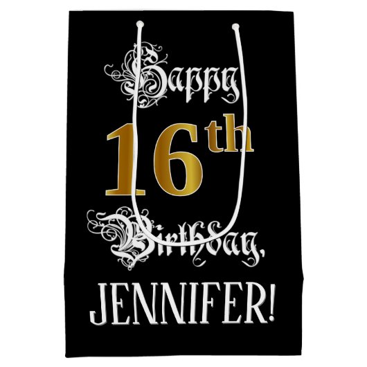 16誕生日～ファンシースクリプト；フェイク金ゴールド検索；名前 ミディアムペーパーバッグ (裏面)