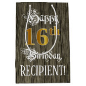 16誕生日:フェイク金ゴールドルック&ウッドフェイクパターン ミディアムペーパーバッグ (正面)