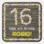 16誕生日:フローラ番号フェイク、木目、名前 スクエアシール (正面)