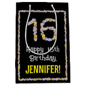 16誕生日:フローラ花数名前をカスタムする ミディアムペーパーバッグ (正面)