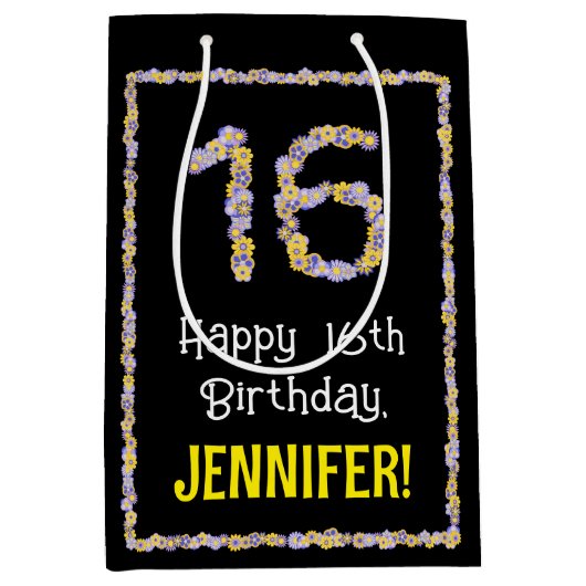 16誕生日:フローラ花数名前をカスタムする ミディアムペーパーバッグ (正面)