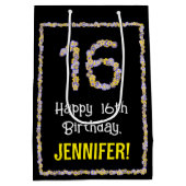 16誕生日:フローラ花数名前をカスタムする ミディアムペーパーバッグ (裏面)