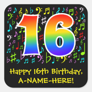 16誕生日:ミュージカラフルックシンボル，レインボー16 スクエアシール