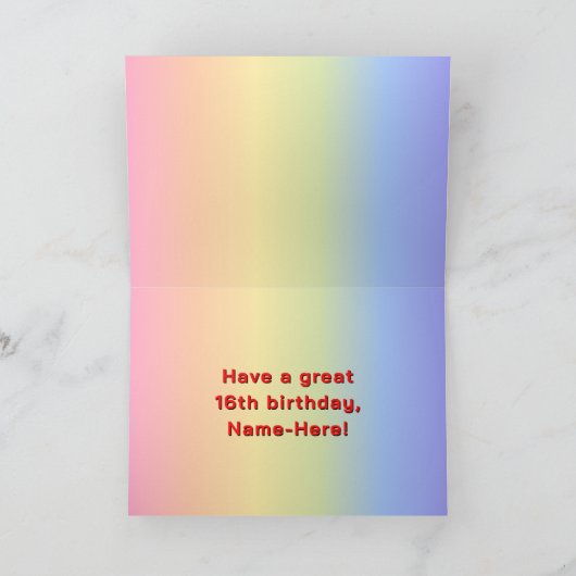 16誕生日:レインボー文字カスタム、写真&名前 カード (内部)