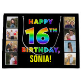 16誕生日:レインボー文字カスタム、写真&名前 ラージペーパーバッグ (正面)