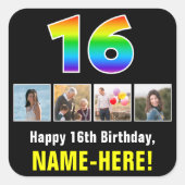 16誕生日：レインボー「16」、写真カスタムと名前 スクエアシール (正面)
