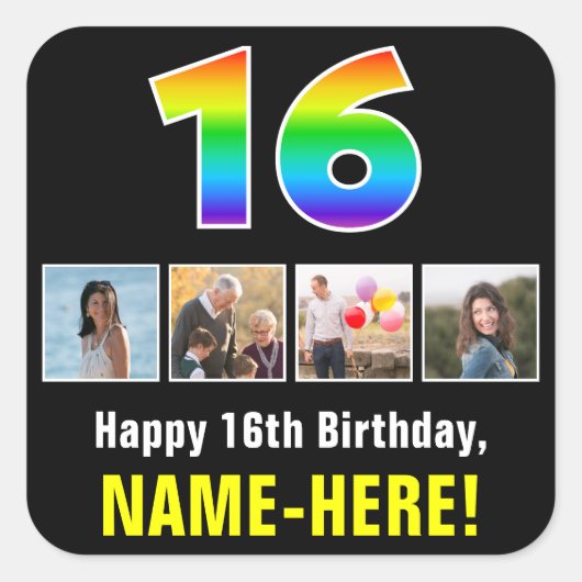 16誕生日：レインボー「16」、写真カスタムと名前 スクエアシール (正面)