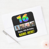 16誕生日：レインボー「16」、写真カスタムと名前 スクエアシール (封筒)