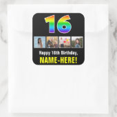 16誕生日：レインボー「16」、写真カスタムと名前 スクエアシール (バッグ)